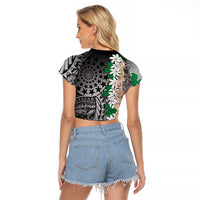 Cook Islands Tiare Maori With Conch Shell Raglan Cropped T Shirt Pasifika Fest Polynesian Tattoo Black