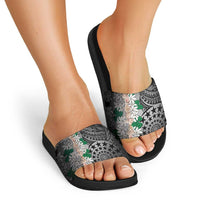 Cook Islands Tiare Maori With Conch Shell Slide Sandals Pasifika Fest Polynesian Tattoo Black
