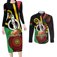 Tamtam Drum Vanuatu Couples Matching Long Sleeve Bodycon Dress and Long Sleeve Button Shirt Boar Tusk Aboriginal Flag Style LT14 Black - Polynesian Pride