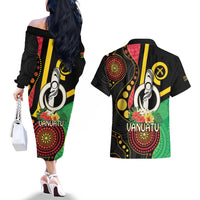 Tamtam Drum Vanuatu Couples Matching Off The Shoulder Long Sleeve Dress and Hawaiian Shirt Boar Tusk Aboriginal Flag Style