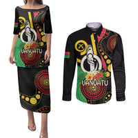 Tamtam Drum Vanuatu Couples Matching Puletasi and Long Sleeve Button Shirt Boar Tusk Aboriginal Flag Style LT14 Black - Polynesian Pride