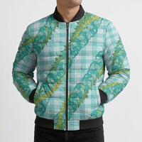 Hawaii Jade Vine Lei Bomber Puffer Jacket Aloha Palaka Motif - Turquoise - Polynesian Pride