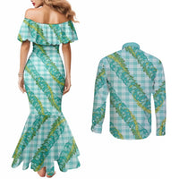 Hawaii Jade Vine Lei Couples Matching Mermaid Dress and Long Sleeve Button Shirt Aloha Palaka Motif - Turquoise - Polynesian Pride