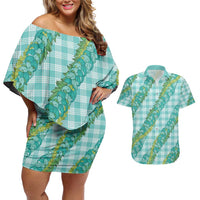 Hawaii Jade Vine Lei Couples Matching Off Shoulder Short Dress and Hawaiian Shirt Aloha Palaka Motif - Turquoise - Polynesian Pride