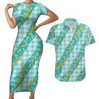 Hawaii Jade Vine Lei Couples Matching Short Sleeve Bodycon Dress and Hawaiian Shirt Aloha Palaka Motif - Turquoise - Polynesian Pride