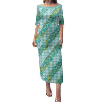 Hawaii Jade Vine Lei Family Matching Puletasi and Hawaiian Shirt Aloha Palaka Motif - Turquoise - Polynesian Pride