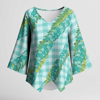Hawaii Jade Vine Lei Kimono Sleeve Blouse Aloha Palaka Motif - Turquoise - Polynesian Pride