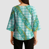 Hawaii Jade Vine Lei Kimono Sleeve Blouse Aloha Palaka Motif - Turquoise - Polynesian Pride