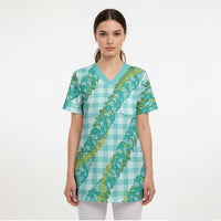 Hawaii Jade Vine Lei Scrub Top Aloha Palaka Motif - Turquoise - Polynesian Pride