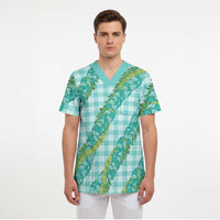 Hawaii Jade Vine Lei Scrub Top Aloha Palaka Motif - Turquoise - Polynesian Pride