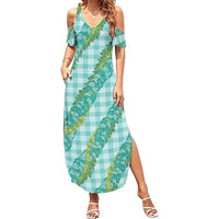 Hawaii Jade Vine Lei Summer Maxi Dress Aloha Palaka Motif - Turquoise - Polynesian Pride