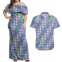 Hawaii Jade Vine Lei Couples Matching Off Shoulder Maxi Dress and Hawaiian Shirt Aloha Palaka Motif - Purple - Polynesian Pride