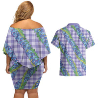Hawaii Jade Vine Lei Couples Matching Off Shoulder Short Dress and Hawaiian Shirt Aloha Palaka Motif - Purple - Polynesian Pride