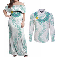 Jade Vine Lei Hawaii Couples Matching Off Shoulder Maxi Dress and Long Sleeve Button Shirt Aloha Seamless Tropical Leaves - Polynesian Pride