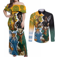 Personalised Rugby 2025 Championship Couples Matching Off Shoulder Maxi Dress and Long Sleeve Button Shirt Southern Hemisphere Countries Mascots - Polynesian Pride