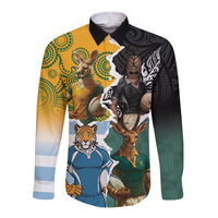 Personalised Rugby 2025 Championship Long Sleeve Button Shirt Southern Hemisphere Countries Mascots - Polynesian Pride