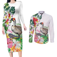Aloha Hawaii Nene Goose Couples Matching Long Sleeve Bodycon Dress and Long Sleeve Button Shirt Tropical Flowers Watercolor Stylized - Polynesian Pride