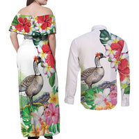 Aloha Hawaii Nene Goose Couples Matching Off Shoulder Maxi Dress and Long Sleeve Button Shirt Tropical Flowers Watercolor Stylized - Polynesian Pride