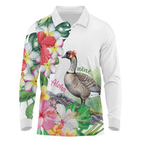 Aloha Hawaii Nene Goose Long Sleeve Polo Shirt Tropical Flowers Watercolor Stylized - Polynesian Pride