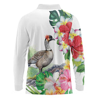 Aloha Hawaii Nene Goose Long Sleeve Polo Shirt Tropical Flowers Watercolor Stylized - Polynesian Pride