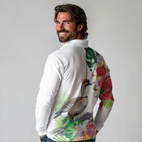 Aloha Hawaii Nene Goose Long Sleeve Polo Shirt Tropical Flowers Watercolor Stylized - Polynesian Pride