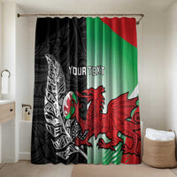 New Zealand and Wales Rugby Custom Bathroom Set Aotearoa All Black Combine Welsh Dragon LT14 Shower Curtain Only Black - Polynesian Pride