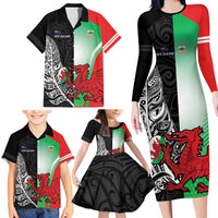 New Zealand and Wales Rugby Custom Family Matching Long Sleeve Bodycon Dress and Hawaiian Shirt Aotearoa All Black Combine Welsh Dragon - Polynesian Pride