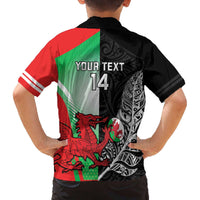 New Zealand and Wales Rugby Custom Family Matching Off The Shoulder Long Sleeve Dress and Hawaiian Shirt Aotearoa All Black Combine Welsh Dragon - Polynesian Pride