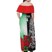 New Zealand and Wales Rugby Custom Family Matching Off Shoulder Maxi Dress and Hawaiian Shirt Aotearoa All Black Combine Welsh Dragon - Polynesian Pride