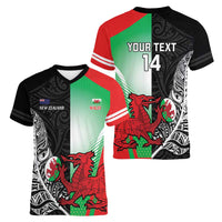 New Zealand and Wales Rugby Custom Women V-Neck T-Shirt Aotearoa All Black Combine Welsh Dragon - Polynesian Pride