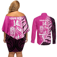 New Zealand Silver Fern Rugby Custom Couples Matching Off Shoulder Short Dress and Long Sleeve Button Shirt All Black Maori Pattern Pink - Polynesian Pride