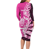 New Zealand Silver Fern Rugby Custom Family Matching Long Sleeve Bodycon Dress and Hawaiian Shirt All Black Maori Pattern Pink - Polynesian Pride
