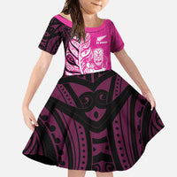 New Zealand Silver Fern Rugby Custom Family Matching Tank Maxi Dress and Hawaiian Shirt All Black Maori Pattern Pink - Polynesian Pride