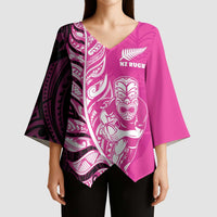 New Zealand Silver Fern Rugby Custom Kimono Sleeve Blouse All Black Maori Pattern Pink - Polynesian Pride