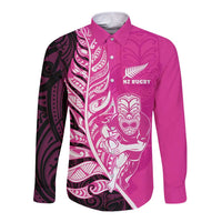 New Zealand Silver Fern Rugby Custom Long Sleeve Button Shirt All Black Maori Pattern Pink - Polynesian Pride