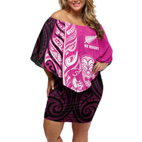 New Zealand Silver Fern Rugby Custom Off Shoulder Short Dress All Black Maori Pattern Pink - Polynesian Pride