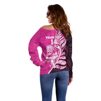 New Zealand Silver Fern Rugby Custom Off Shoulder Sweater All Black Maori Pattern Pink - Polynesian Pride