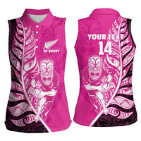 New Zealand Silver Fern Rugby Custom Women Sleeveless Polo Shirt All Black Maori Pattern Pink - Polynesian Pride