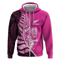 New Zealand Silver Fern Rugby Custom Zip Hoodie All Black Maori Pattern Pink LT14 Zip Hoodie Pink - Polynesian Pride