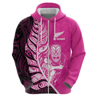 New Zealand Silver Fern Rugby Custom Zip Hoodie All Black Maori Pattern Pink LT14 - Polynesian Pride