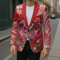 Personalized Hawaii Christmas Blazer Mele Kalikimaka Chilling Shaka Santa Flamingo - Polynesian Pride