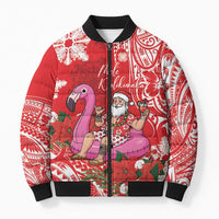 Personalized Hawaii Christmas Bomber Puffer Jacket Mele Kalikimaka Chilling Shaka Santa Flamingo - Polynesian Pride