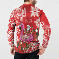 Personalized Hawaii Christmas Button Sweatshirt Mele Kalikimaka Chilling Shaka Santa Flamingo - Polynesian Pride
