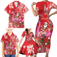 Personalized Hawaii Christmas Family Matching Short Sleeve Bodycon Dress and Hawaiian Shirt Mele Kalikimaka Chilling Shaka Santa Flamingo - Polynesian Pride