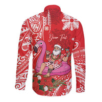 Personalized Hawaii Christmas Long Sleeve Button Shirt Mele Kalikimaka Chilling Shaka Santa Flamingo - Polynesian Pride