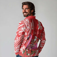 Personalized Hawaii Christmas Long Sleeve Polo Shirt Mele Kalikimaka Chilling Shaka Santa Flamingo - Polynesian Pride
