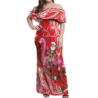 Personalized Hawaii Christmas Off Shoulder Maxi Dress Mele Kalikimaka Chilling Shaka Santa Flamingo LT14 Women Red - Polynesian Pride
