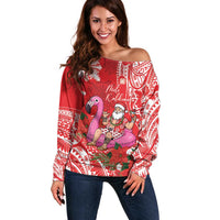 Personalized Hawaii Christmas Off Shoulder Sweater Mele Kalikimaka Chilling Shaka Santa Flamingo LT14 Women Red - Polynesian Pride