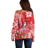 Personalized Hawaii Christmas Off Shoulder Sweater Mele Kalikimaka Chilling Shaka Santa Flamingo LT14 - Polynesian Pride