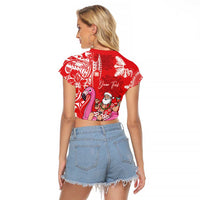 Personalized Hawaii Christmas Raglan Cropped T Shirt Mele Kalikimaka Chilling Shaka Santa Flamingo - Polynesian Pride